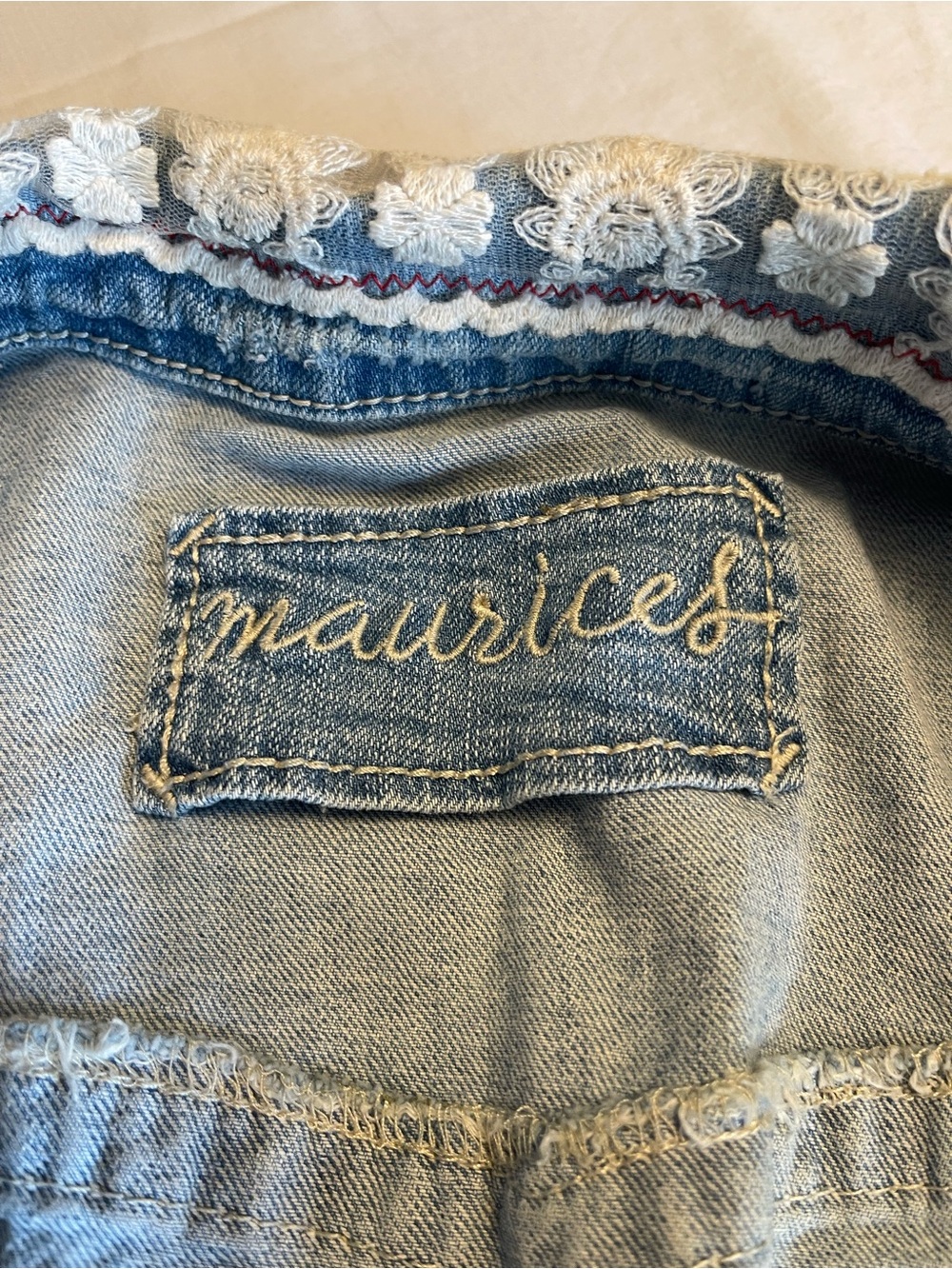 Maurices Light Wash Denim Vest with Cream Lace Trim - Picture 2 of 10